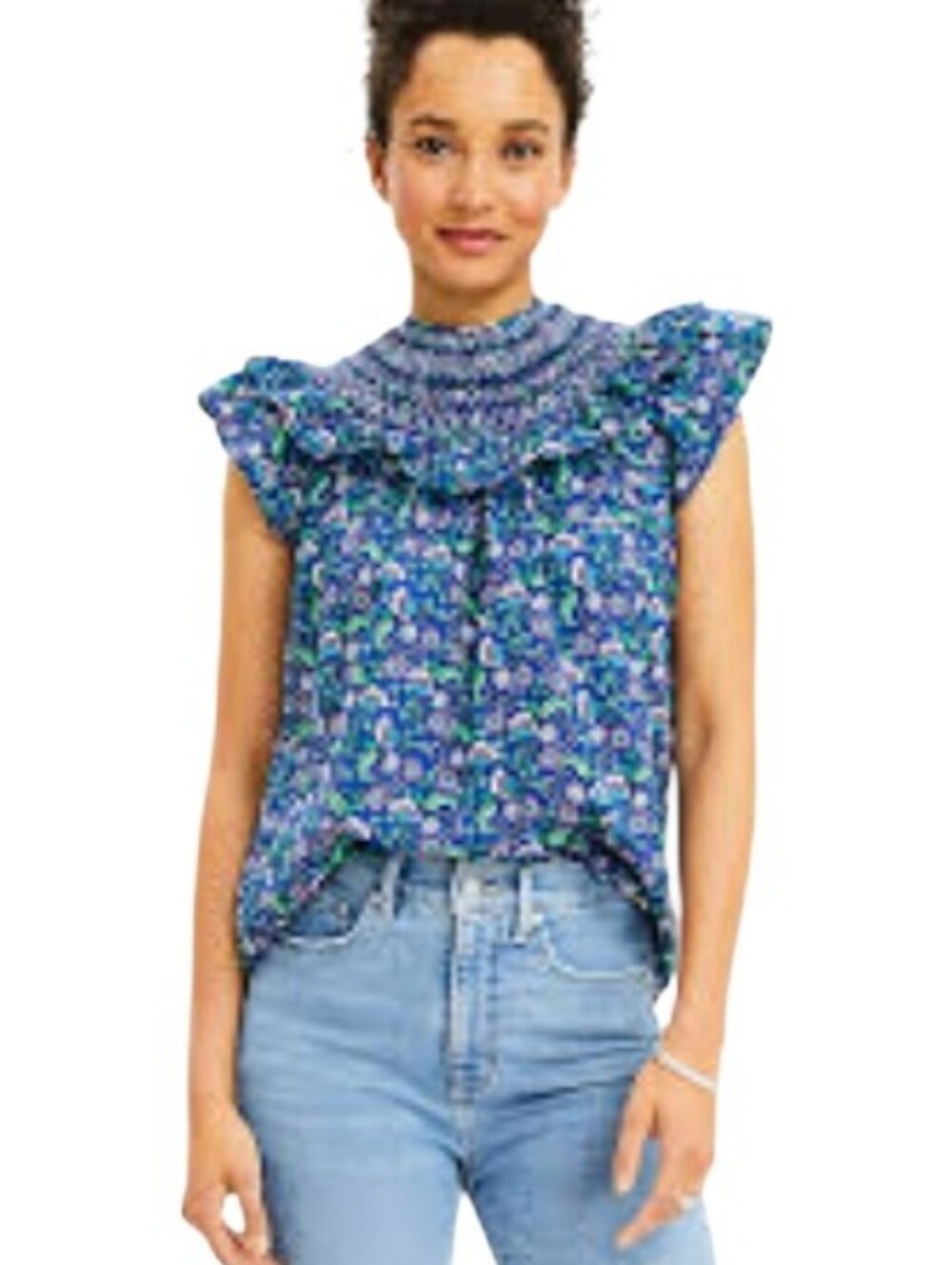 NWT LOFT blue green floral smocked ruffle short sleeve blouse top Womens XLarge
